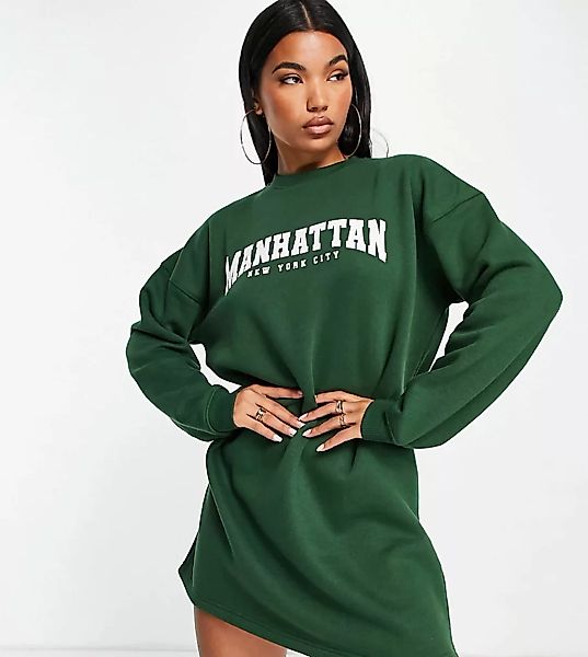 Missguided – Midi-Pulloverkleid in Grün mit „Manhattan“Grafikprint günstig online kaufen
