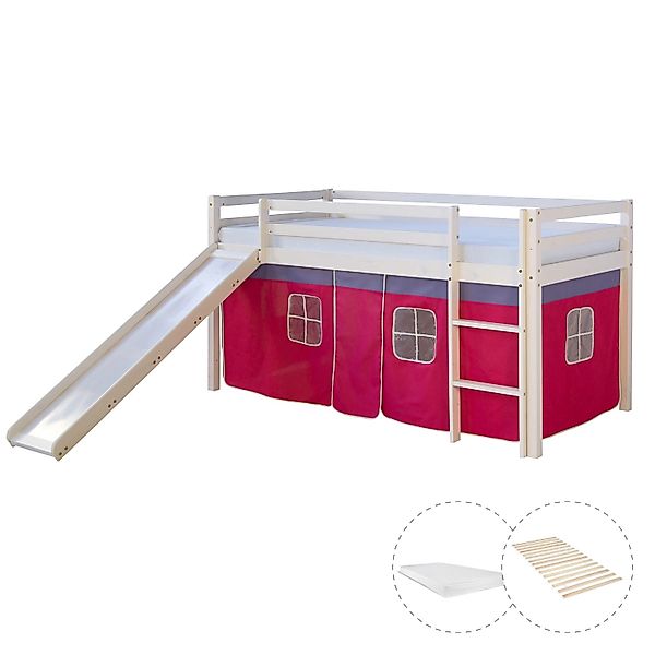 Homestyle4u Hochbett 90x200 mit Vorhang Lattenrost Matratze Rutsche in Weiß günstig online kaufen