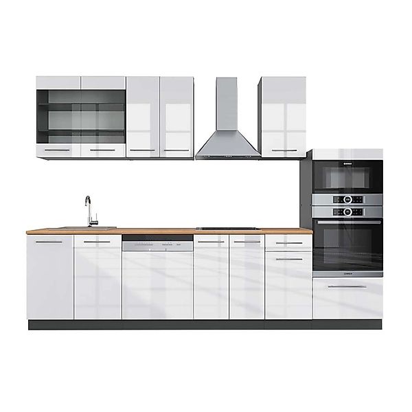 Vicco Fame-Line Küchenzeile Weiß Hochglanz/Anthrazit 300 cm mit Hochschrank günstig online kaufen
