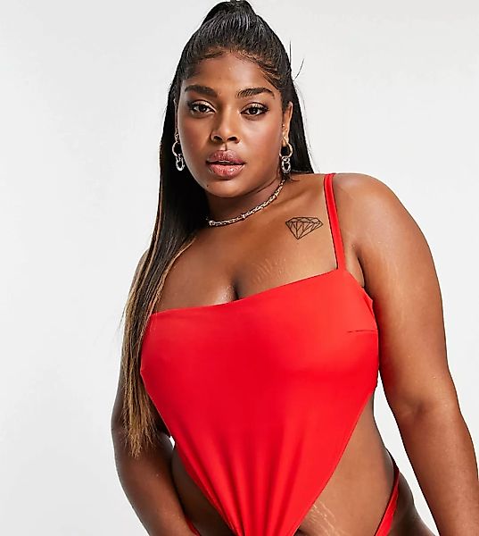 ASOS DESIGN Curve – Bikinioberteil im Tuchdesign mit Rückenschnürung in Rot günstig online kaufen
