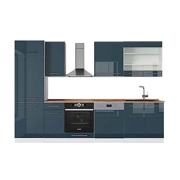 Vicco Fame-Line Küchenzeile Dunkelblau Hochglanz/Weiß 300 cm AP Eiche ohne günstig online kaufen
