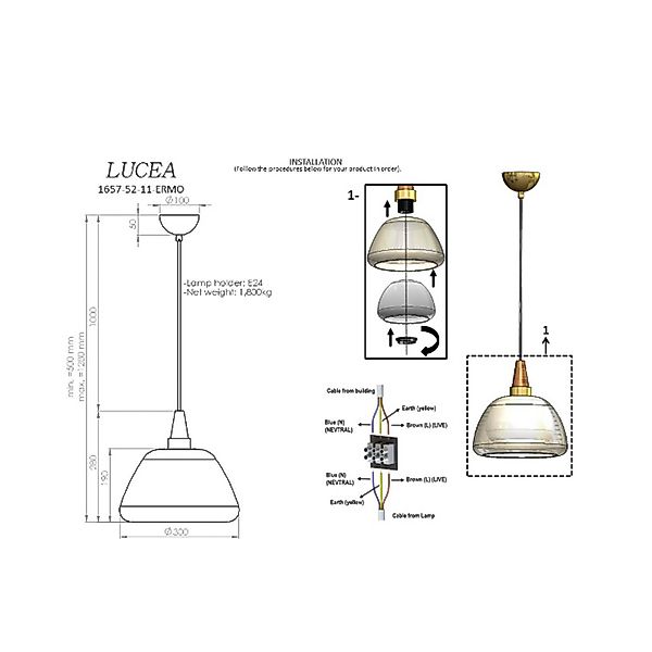 Hängelampe Ermo, weiß/klar, messing, Ø 30 cm, Glas/Metall günstig online kaufen