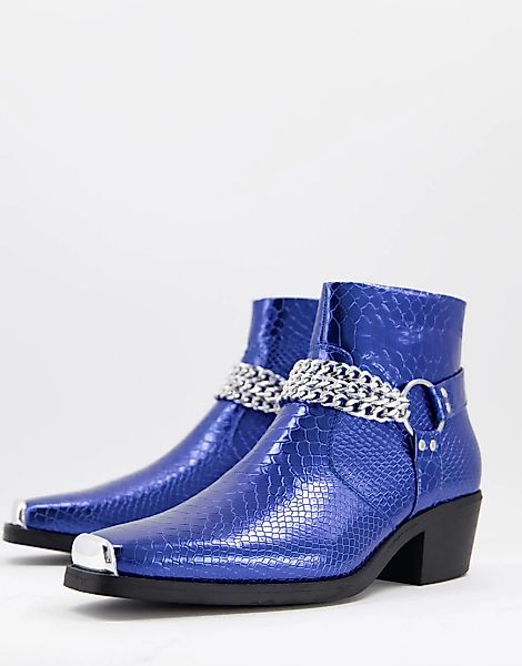 ASOS DESIGN – Blau lackierte Chelsea-Stiefel im Westernstil mit silberner K günstig online kaufen