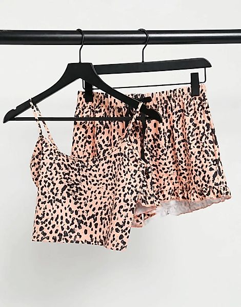 Loungeable – Pyjama mit kurzem Camisole und Shorts in Pfirsich, schwarz gep günstig online kaufen