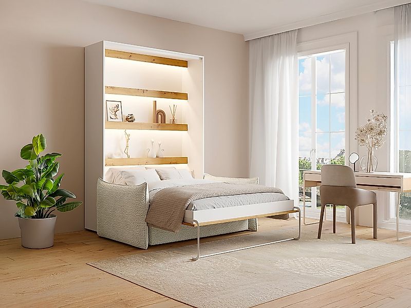 Schrankbett 140 x 200 cm - Manuelle vertikale Öffnung - Mit LEDs - Weiß & N günstig online kaufen