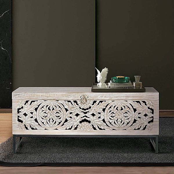 Holztisch Truhe im Vintage Look White Wash günstig online kaufen