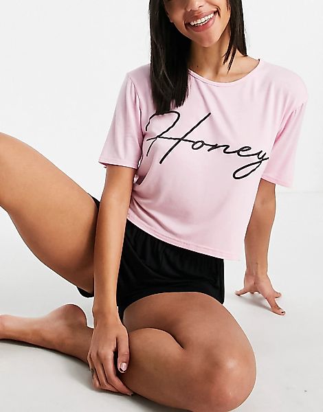 I Saw It First – Pyjama mit T-Shirt und Shorts mit Motiv in Rosa-Bunt-Mehrf günstig online kaufen