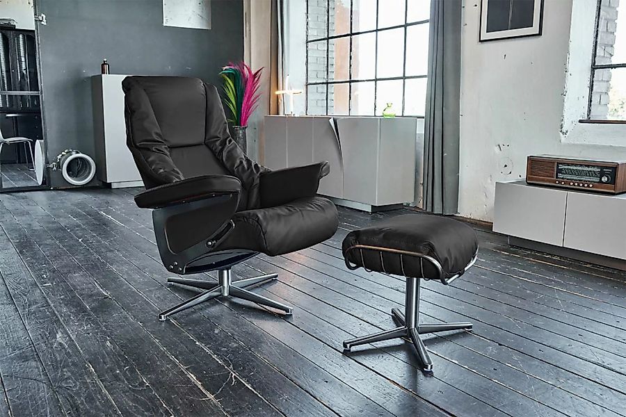 KAWOLA Sessel MODO Relaxsessel drehbar Leder schwarz mit Hocker günstig online kaufen