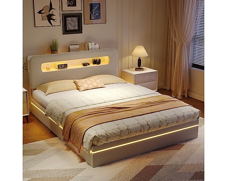 PXloue Polsterbett LED Doppelbett 140x200 cm (USB-Ladeanschluss), Bettkaste günstig online kaufen