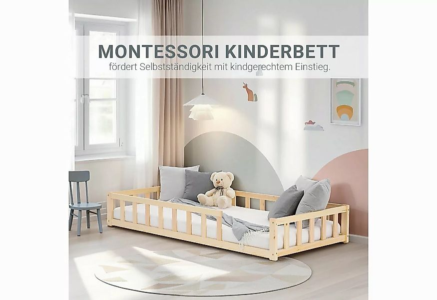 Homestyle4u Kinderbett 90x200 / 120x200 Weiß Natur Holzbett Bodenbett Monte günstig online kaufen