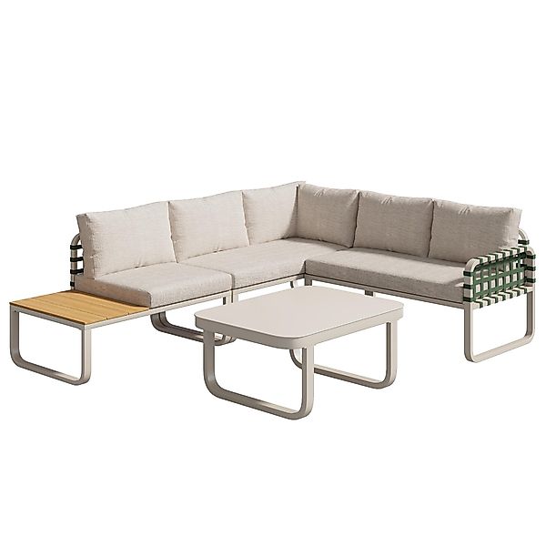 Garten Lounge Set 4-5 Sitzer, Grünes Leder Rattan Gartenmöbel Set mit gehär günstig online kaufen