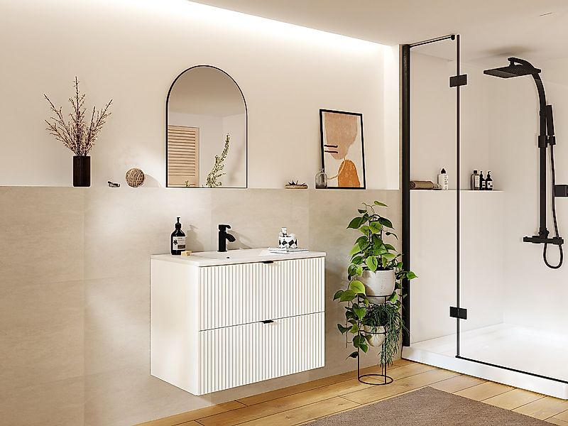 Waschbeckenunterschrank hängend mit Einbauwaschbecken - Streifenoptik - Wei günstig online kaufen