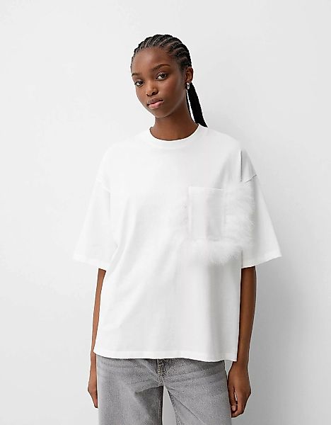 Bershka T-Shirt Mit Kurzen Ärmeln Tasche Und Daunen Damen L Weiss günstig online kaufen