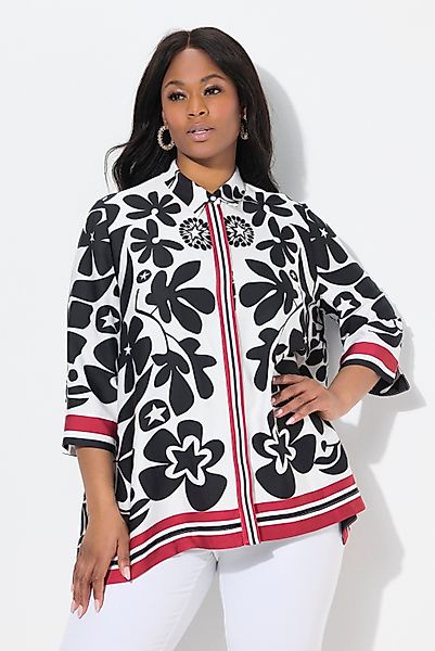 Ulla Popken Hemdbluse Satinbluse Blüten-Design Zipfelsaum günstig online kaufen
