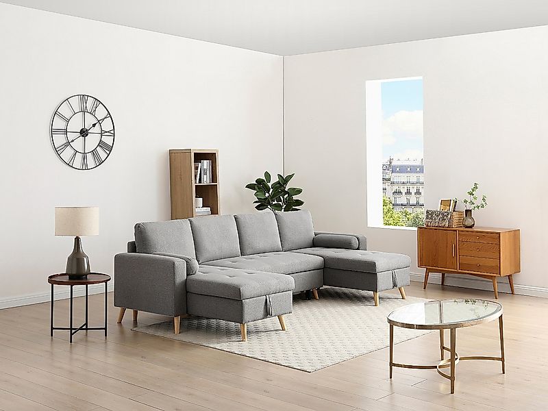 Panorama-Ecksofa mit Schlaffunktion – Stoff – Hellgrau – KORI günstig online kaufen