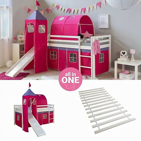 Homestyle4u Hochbett 90x200 cm Kinderbett Weiß mit Vorhang Pink (Set, mit L günstig online kaufen