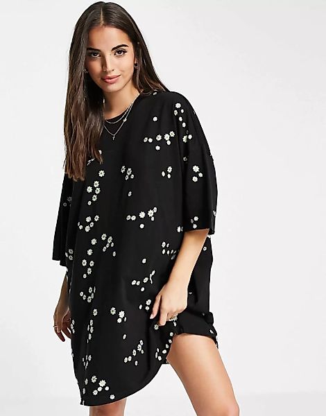 ASOS DESIGN – T-Shirt-Kleid in Oversize-Passform in Schwarz mit ganzflächig günstig online kaufen