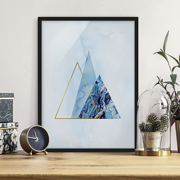 Bild mit Rahmen Abstrakt - Hochformat Geometrie in Blau und Gold II günstig online kaufen