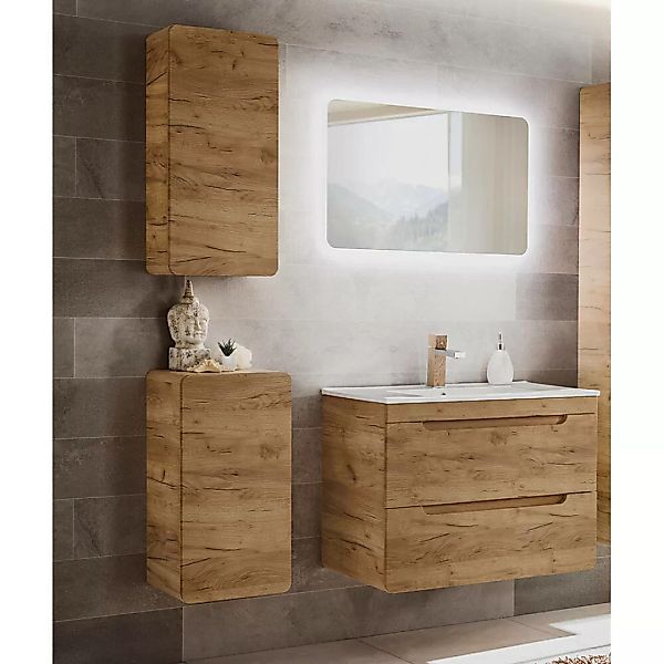 Badezimmer Set in Wotan Eiche Nb. LUTON-56-CRAFT LED-Spiegel und Keramik-Wa günstig online kaufen