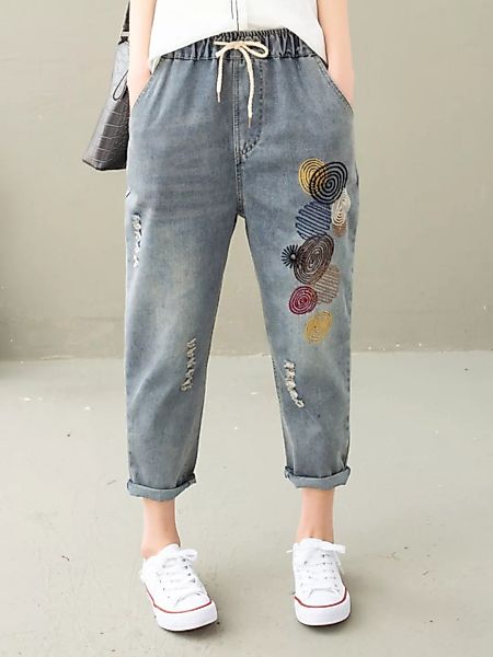 Polka Dot Stickerei Kordelzug Taille zerrissene Jeans für Damen günstig online kaufen