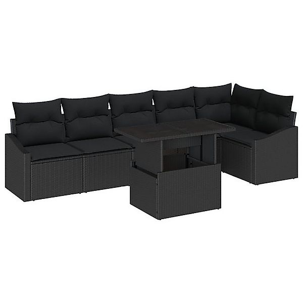 vidaXL Loungesofa 7-tlg. Garten-Sofagarnitur mit Kissen Schwarz Poly Rattan günstig online kaufen