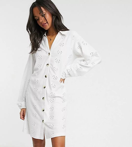 ASOS DESIGN Tall – Durchgeknöpftes weißes Hemdkleid mit Lochstickerei günstig online kaufen
