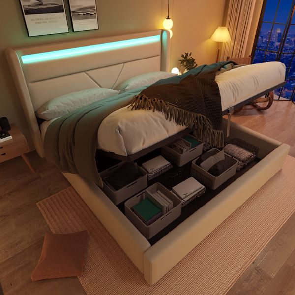 Flieks Polsterbett, LED Hydraulisches Stauraumbett Kunstleder günstig online kaufen