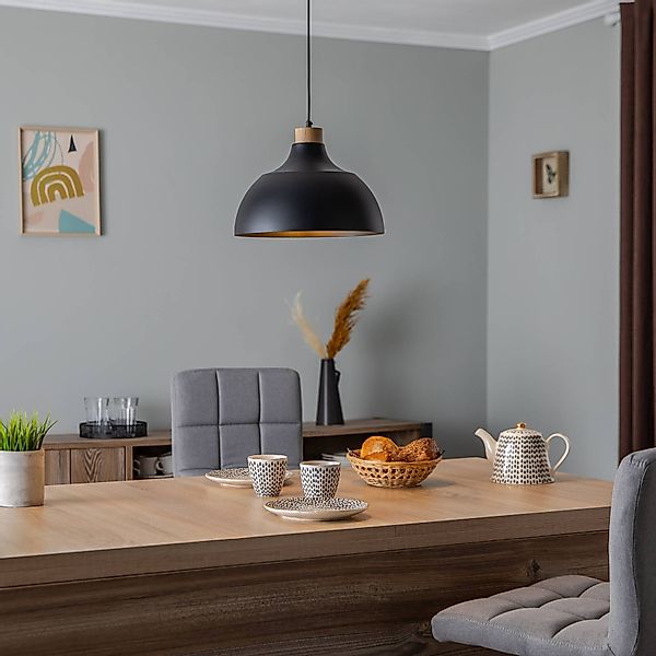 Envostar Hängeleuchte Kaitt, schwarz, Ø 34 cm, Holzdetail günstig online kaufen