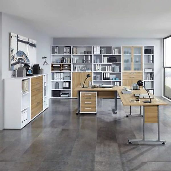 Lomadox Komplettset Büromöbel COLUMBUS-10 in Brilliantweiß matt & Alteiche günstig online kaufen