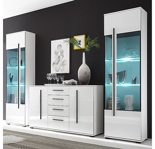 Lomadox Wohnwand COLORADO-61, (3-St), weiß Hochglanz 2 Vitrinen und großem günstig online kaufen