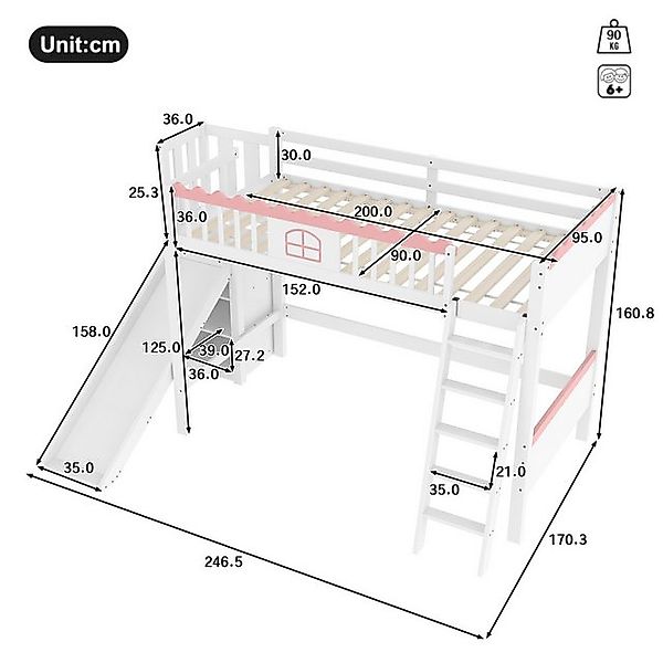 Ulife Hochbett Kinderbett Funktionsbett Holzbett mit LED-Leuchten, 90x200cm günstig online kaufen