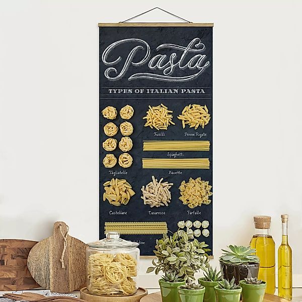 Stoffbild Küche mit Posterleisten - Hochformat Italienischen Nudelsorten günstig online kaufen
