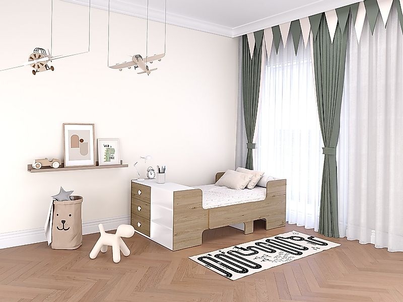 Mitwachsendes Bett mit Stauraum + Matratze - 90 x 140/170/200 cm - Holzfarb günstig online kaufen