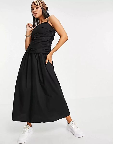 ASOS DESIGN – Gerafftes Camisole-Sommerkleid in Schwarz mit Midilänge günstig online kaufen