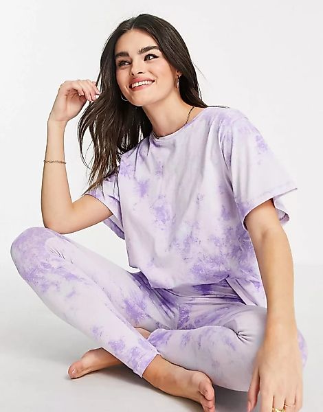 ASOS DESIGN – Pyjama mit T-Shirt und Leggings in Blau und Flieder Batikopti günstig online kaufen
