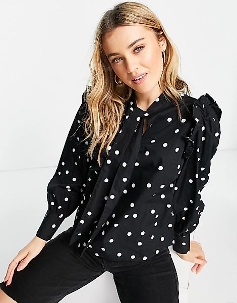 New Look – Schwarz gepunktete Bluse mit Schleife günstig online kaufen