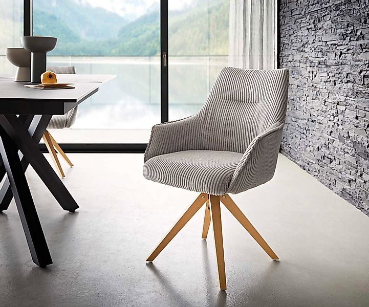 Drehstuhl Alja-Flex mit Armlehnen Cord Silbergrau Holzgestell kantig Natur günstig online kaufen