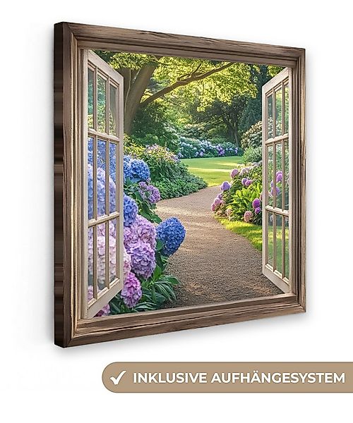 OneMillionCanvasses® Leinwandbild Aussicht - Garten - Fenster - Hortensie - günstig online kaufen