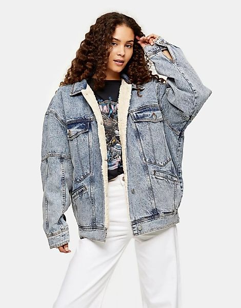 Topshop – Oversize-Jeansjacke aus recycelter Baumwolle in Mittelblau mit Te günstig online kaufen