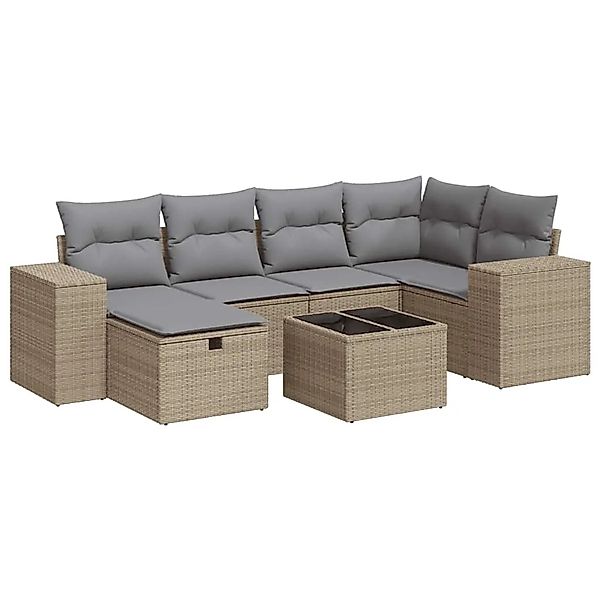 vidaXL 7-Tlg Garten-Sofagarnitur mit Kissen Beige Poly Rattan 3325695 günstig online kaufen