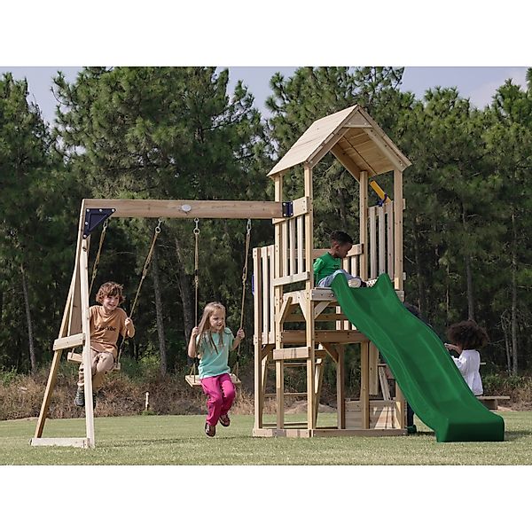 Axi Spielturm Mette mit Doppelschaukel Braun und Rutsche Hellgrün FSC® günstig online kaufen