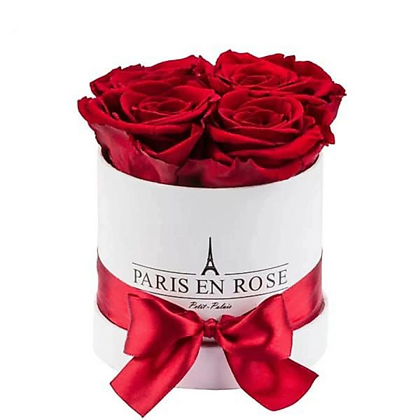 Rosenbox Ø 10 cm Weiß mit Schleife und 4 Bordeaux Rosen günstig online kaufen