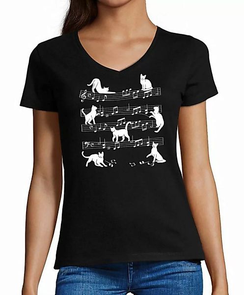 MyDesign24 T-Shirt Damen Katzen Print Shirt bedruckt - Musiknoten mit Katze günstig online kaufen