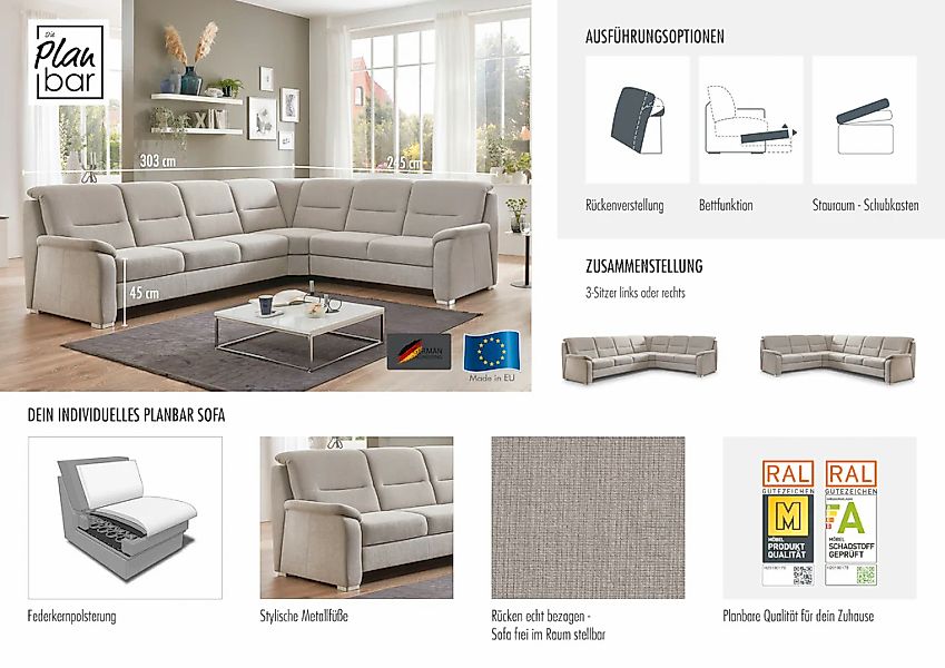 Die PlanBar Ecksofa "PP-HS10002" wahlweise mit Rückverstellung, Bettfunktio günstig online kaufen