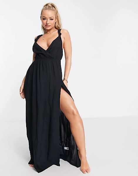 ASOS DESIGN – Maxi-Strandkleid in Schwarz mit Knotendesign an den Trägern a günstig online kaufen