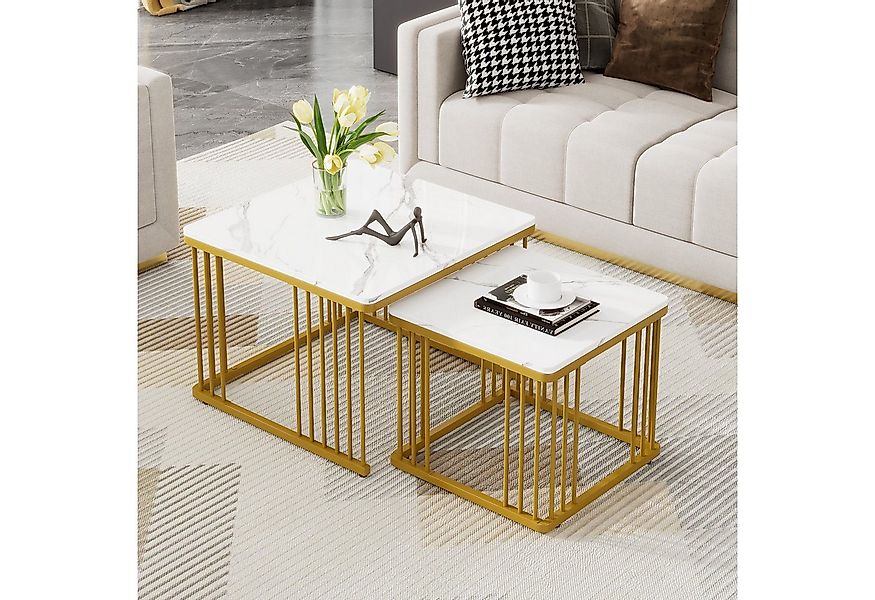 Merax Couchtisch im Marmoroptik mit Metallrahmen (2er Set), Beistelltisch h günstig online kaufen