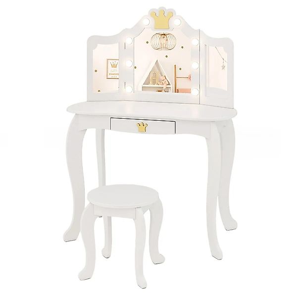 Costway Kinder Schminktisch mit Led & Dreifach Klappbarem Spiegel Weiß günstig online kaufen