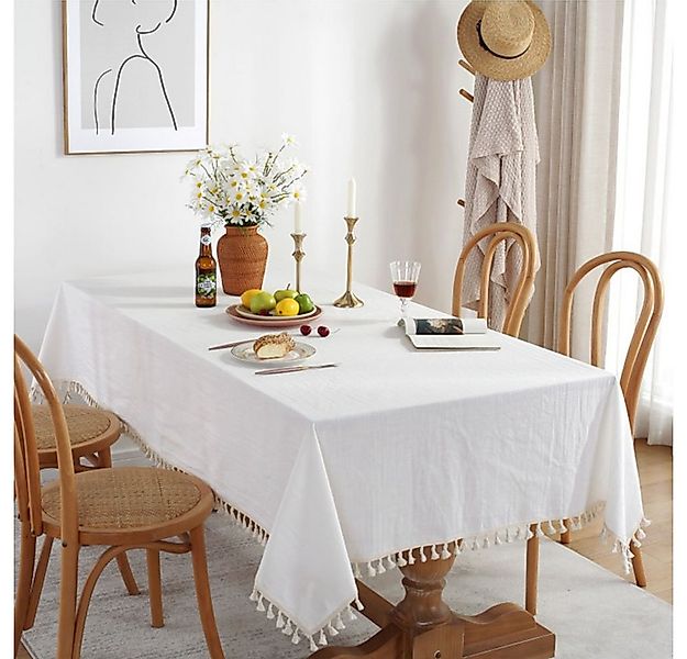 NUODWELL Tischdecke Unifarbene rechteckige Tischdecke aus Leinen mit Quaste günstig online kaufen