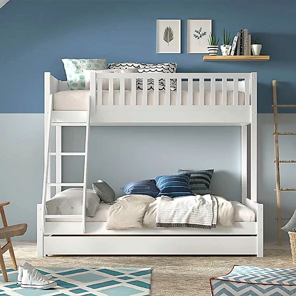 Hohes Etagenbett weiss im Skandi Design inklusive Bettkasten günstig online kaufen