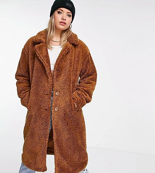 Threadbare Tall – Bear – Oversize-Mantel aus Teddyfell in Hellbraun-Weiß günstig online kaufen